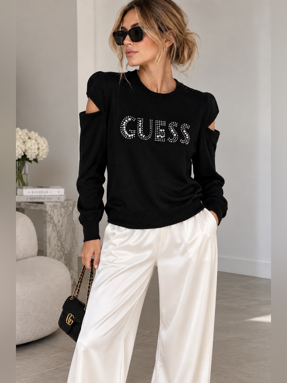 NWOT Guess Norah Logo Sweater Black  Rhinestone Trim Cold-Shoulder Cutout Sz XL
